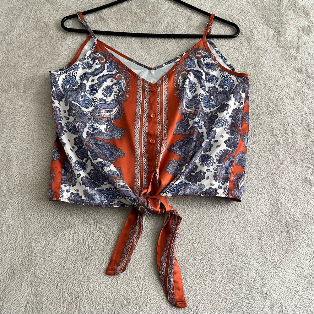 H&M Cami Top Women's‎ 8 Handkerchief Tie Hem Satin Paisley Bohemian Orange Blue